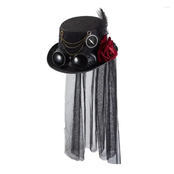 Boinas Lolita Sombrero de pelo gótico Steampunk Top con velo de encaje de flores Pluma de cosplay para fiesta de carnaval de Halloween