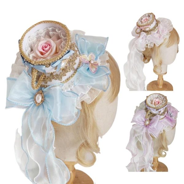 Bérets lolita vintage rond top chapeau en dentelle ébouriffée bow perle pendant thé de bonnet copine