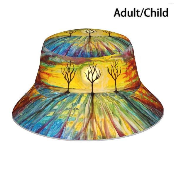 Bérets longues ombres paysage seau chapeau chapeau de soleil arbres colorés peinture contemporain Boho Folk liquide