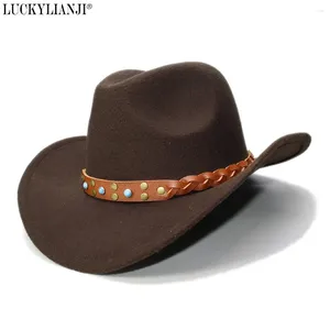 Berets Luckylianji Kid Child's Wool's Wool Felt Western Cowboy Hat Wide Brim Cowgirl Braid Leather Band (une taille: 54 cm)