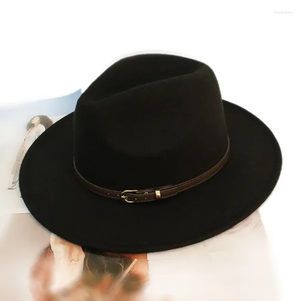 Boinas LUCKYLIANJI Retro Café Banda de cuero Mujeres Hombres Vintage Lana Fieltro Ancho Gorra Fedora Panamá Jazz Bowler Hat (54/57/61 cm