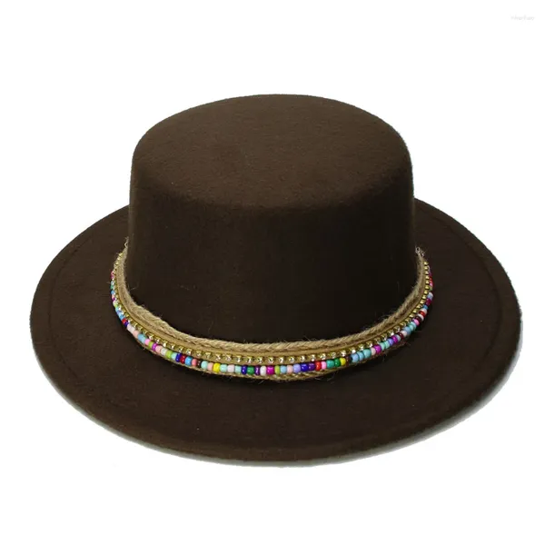 Bérets LUCKYLIANJI Rétro Kid Vintage Laine Large Bord Cap Pork Pie Porkpie Bowler Chapeau Perle Tricot Bande de Cuir (54 cm / Ajusté)