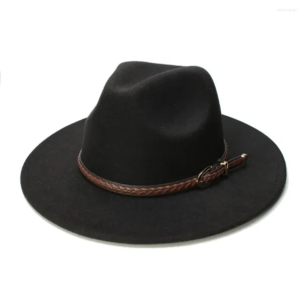 Boinas LUCKYLIANJI Retro Mujeres Hombres Vintage Lana Gorra de ala ancha Fedora Panamá Jazz Bowler Sombrero Banda de cuero de punto marrón (57 cm / ajuste)