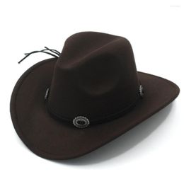 Boinas LUCKYLIANJI Fieltro de lana Sombrero de vaquero occidental Ala ancha Vaquera Banda retro Sombrero para adulto / niño (54/57/61 cm)