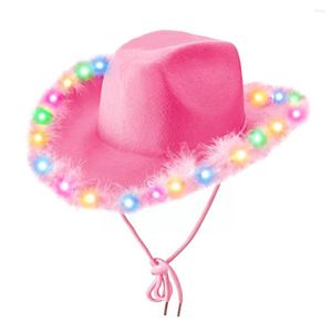 Berets Luminous Cowgirl Hat Vintage Western Style Cowboy Cap Feather Pink Fashion Party Dames voor pluizige Brim O8C7