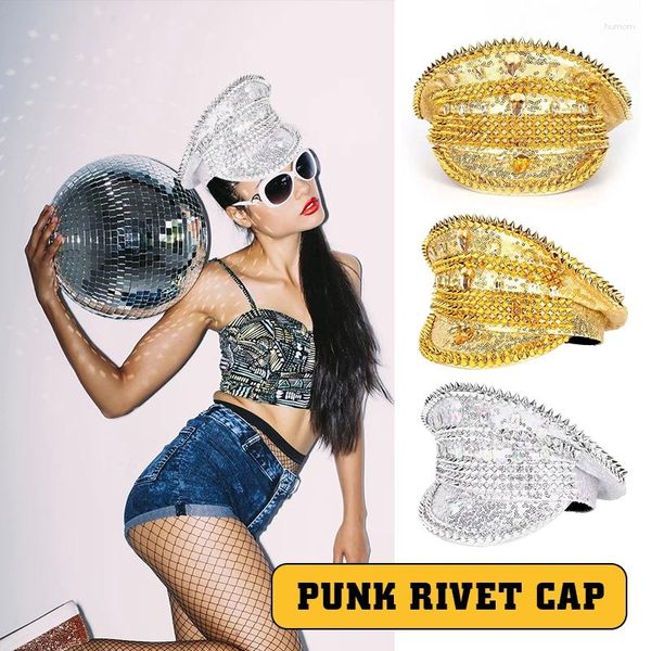 Boinas de lujo plata oro lentejuelas remache brillante sombrero de diamantes de imitación mujeres boda novia capitán punk club nocturno rendimiento militar