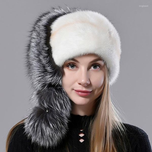 Boinas de lujo de invierno sombrero de piel de mujer cálido visón natural mullido elegante bola gorra de nieve elegante mujer gruesa bombardero sombreros