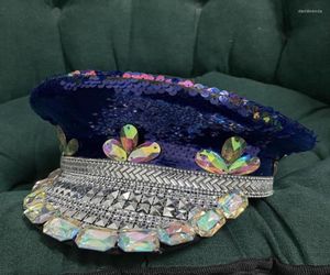 Bérets Chapeau militaire de luxe pour femmes, Double face, paillettes brûlantes, capitaine, sergent, strass, Festival Rave, partie de BacheloretteBerets9416161