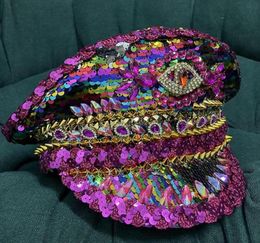 Berets Luxury Femmes Military Hat Sequin Burning Yacht Week Captain Sergeant Rhinestone Rave Festival Bachelorette Part2027519