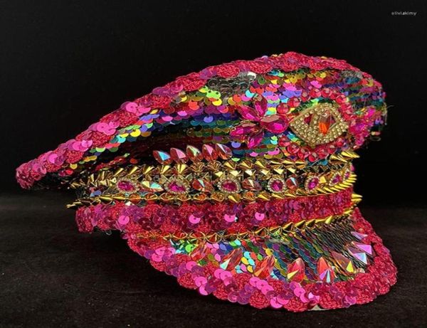 Bérets Chapeau militaire de luxe pour femmes, chapeau à paillettes, Yacht brûlant, semaine, capitaine, sergent, strass, Festival Rave, partie de Bachelorette, chapeau Berets5213965