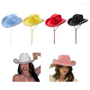 Baretten M89E Bruiloft Cowgirl Hoed Voor Bruids Vrouwen Brede Rand Cowboy Mode Muziek Festival Glitter Kostuum Cap