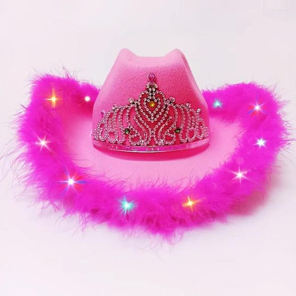 Boinas Magia Adulto Led Bling Estilo occidental Tiara Sombrero de vaquera para mujeres Chica Pink Cowboy Cap Holiday Funny Costume Party