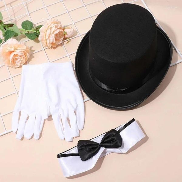 Boinas Magos Sombrero De Alas Cortas Bowtie Guante Conjunto Para Mujeres Hombres Traje Unisex Desgaste Clásico