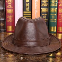 Bérets en cuir véritable pour hommes, chapeau de Jazz, Fedoras pour adultes, casquette en peau de mouton, Cowboy quinquagénaire âgé, B-7284