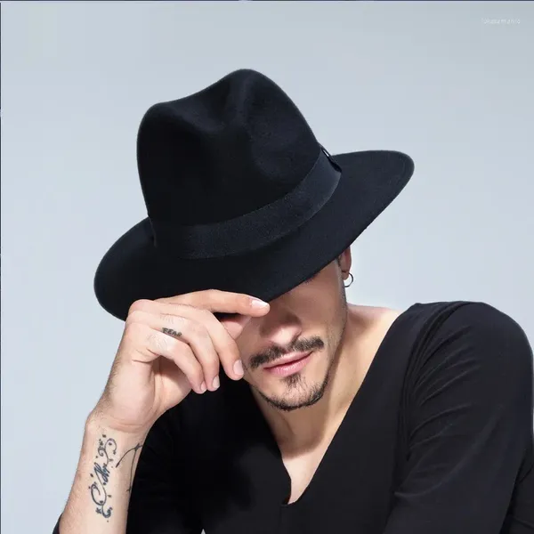 Boinas Hombre Lana Fieltro Británico Panamá Jazz Sombrero Fedora Negro Ancho Ala Clásico Trilby B-1509