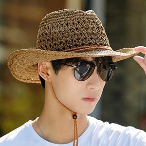 Berets Man's Panama Hats Handmade Hollow Straw Sunhat met winddichte touw Summer Beach Brim Fedora Hat Sun Protective Jazz Top Hatb
