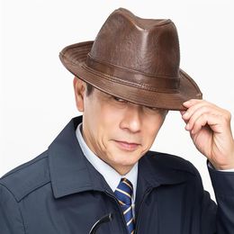 Berets Man High Quality Great Cuir Cowhide Fedora Gentleman Cow Sket Short Brim Black Brown Top Hat Male Showerets 325y