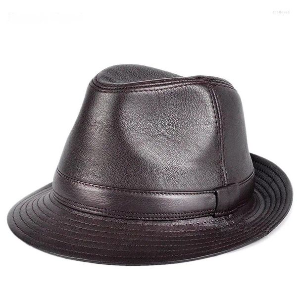 Bérets homme haute qualité en cuir véritable Jazz Fedora Gentleman peau de vache à bord court noir/marron hanche ajustée chapeau haut de forme mâle spectacles Topper