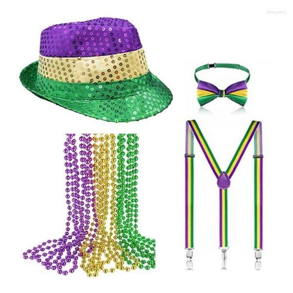 Bérets ensemble de costumes de Mardi Gras avec bretelles de chapeau de jazz collier de perles noeud papillon LasVegas FatTuesday décoration accessoires de fête de carnaval