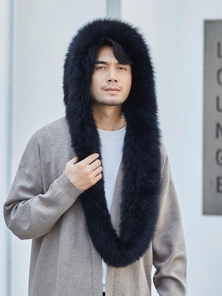 Boinas Hombres Real Fur Bufanda Sombrero Una pieza Invierno Cálido Headwear Pañuelo Wraps Negro Gris