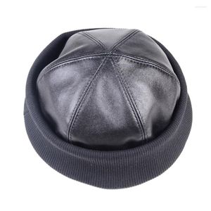 Bérets hommes femmes en cuir véritable casquette ronde Bonnet Zucchetto toque Beanie armée/marine casquettes/chapeaux