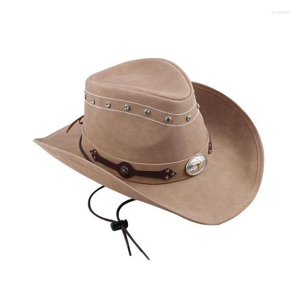 Bérets Hommes Anti UV Cowboy Chapeau Large Bord Diamant Papa Doux Mode Cadeau Sombrero Avec Menton Cordon Vintage PU Cuir Pincée Avant PartyBerets Pro