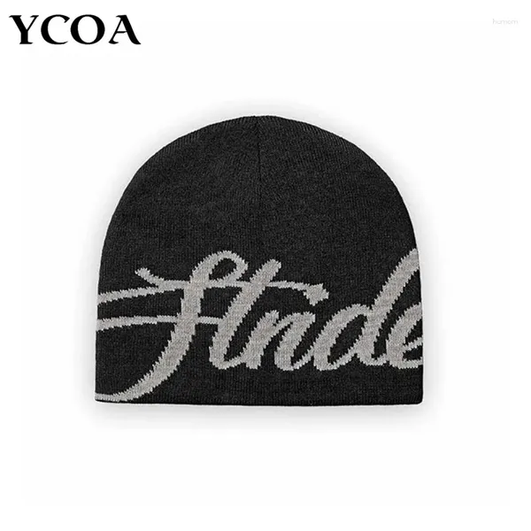 Boeretas Hombres gorro kpop hat letra y2k Black Knit Hip Hop Streetwear Wool Invierno Corea de la moda Corea