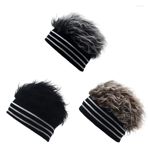 Bérets hommes faux cheveux tricot chapeau avec tissu en coton confortable pour anniversaire cadeau de noël femmes bonnet perruque