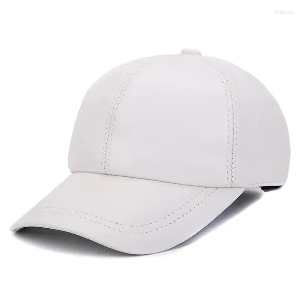 Boinas Hombres Gorras de béisbol de cuero genuino Mujeres Blanco / Rojo Simple Casual Dome Hat Masculino 55-58 cm Ajustable Chapeau Hockey Gorra Big Brim