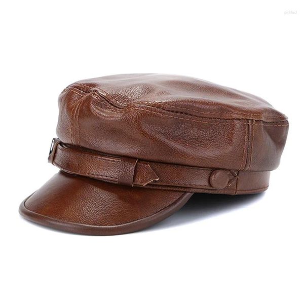 Boinas Hombres Cuero genuino Plano Ejército Sombrero Cuero de vaca Equipado para hombre Personalidad Locomotora Punk Negro / Marrón Gorras de béisbol