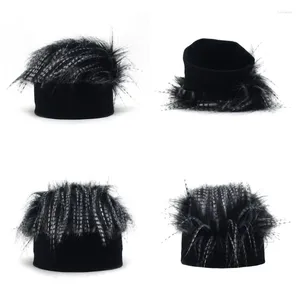 Bérets hommes tricot chapeau avec cheveux garçons drôle à la main tricot hiver bonnet à pointes sans bords