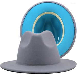 Berets Men Outside Light Greey Inside Lake Blue Patchwork Fedora Jazz Hat Britse stijl Trilby Party Formal Panama Cap Dress