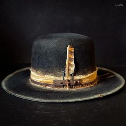 Bérets Chapeau haut de forme en pure laine noire pour hommes et femmes avec décoration en plumes Vintage