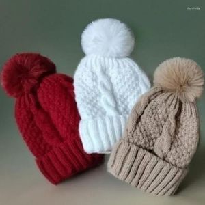 Bérets hommes et femmes hiver torsion tricot chapeau fourrure pompon épais peluche casquette bonnet couleur unie dames chaud ski neige Skullies bonnets