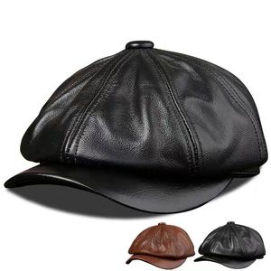 Berets Echt lederen Warm achthoekige Leer Casual Vintage Sboy Golf Driving Flat Cabbie Hat Winter mannelijke kunstenaar Gatsby 230822