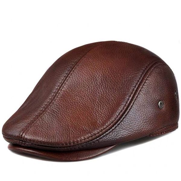 Boinas Sombrero de cuero al aire libre para hombres Boinas de invierno Gorra con protección para los oídos cálida para hombre 100% sombrero de papá de cuero genuino al por mayor Ocio 230922