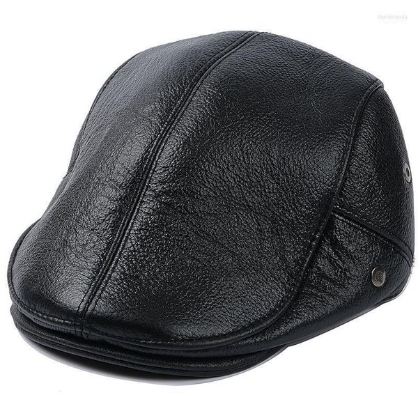 Bérets hommes en cuir de vache véritable casquette de Baseball Sboy/béret chapeau hiver chaud casquettes chapeaux hommes avec rabat d'oreille Davi22