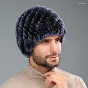 Boinas Hombres Real Rex Fur Hat Beanie Cap Winter Warm Headwear Hecho a mano Azul Gris