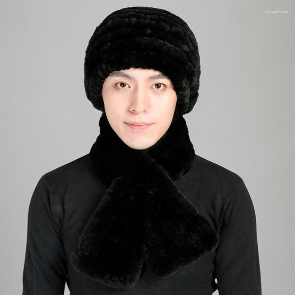 Bérets Hommes Véritable Rex Fourrure Chapeau Écharpe Ensembles Hiver Chaud Bonnet Bonnet Foulard Noir Bleu Gris