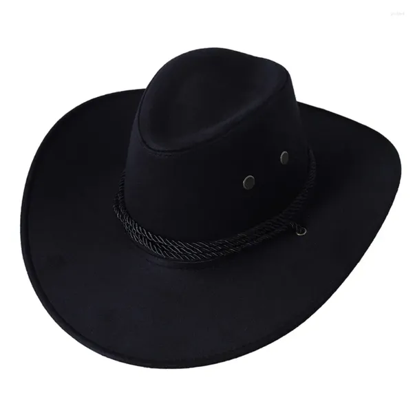 Bérets Chapeaux de cowboy vintage à large bord pour hommes avec corde réglable Chapeau de soleil en plein air Casual Couleur unie Boater Trilby Caps
