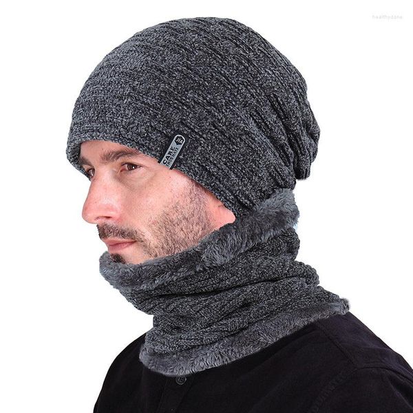 Boinas de invierno para hombre, gorros, bufanda, conjunto a prueba de viento, gorro de punto cálido, gorro de Calavera, calentador de cuello, forro polar grueso para hombre para mujer