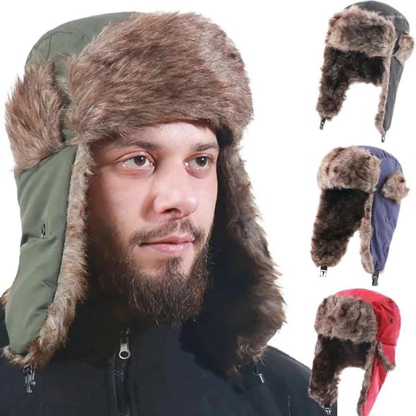 Bérets Hommes Hiver Lei Feng Chapeau Épaissir Fausse Fourrure Bomber Chapeaux En Peluche Bonnets De Neige Avec Oreillettes Coupe-Vent Chaud Pêche En Plein Air Casquette De Crâne