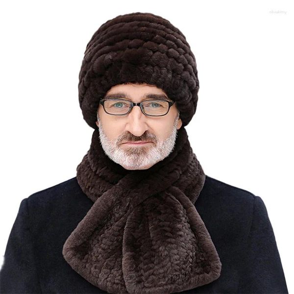 Bérets hommes hiver chaud réel Rex chapeau de fourrure chapeau de neige chapeaux ajouter écharpe pour tricot Skullies naturel moelleux