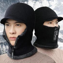 Berets homens inverno quente chapéu de lã ao ar livre proteção de orelha chapéus grosso bicicleta de malha boné com zíper cachecol à prova de vento maré gorras