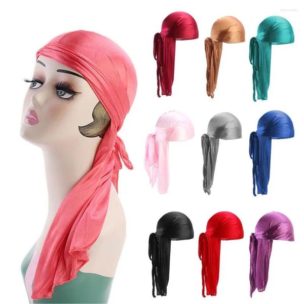 Boinas Hombres Mujeres Bandana ajustable Seda Durag Bufanda para la cabeza Turbante Hijab Sombrero pirata Gorro elástico Pre-atado Headwrap