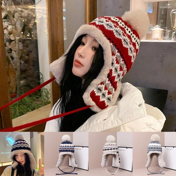 Bérets hommes femmes tricoté trappeur oreillette casquette de Ski confortable mâle femme épais chaud hiver bonnet chapeau fourrure pompon russe