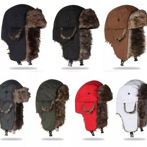 Berets Men Women Russian Hat Trapper Bomber Warm Trooper Oor Flaps Winter Ski Solid Fluffy Faux Fur Cap Headwear Bonnet