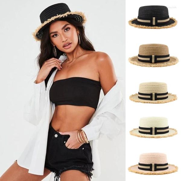 Boinas Hombres Mujeres Paja Flat Top Boater Sombreros Marinero Gorras Verano Sombrero Playa Sombrero para el sol Al aire libre Sunbonnet Tamaño US 7 1/4 UK L