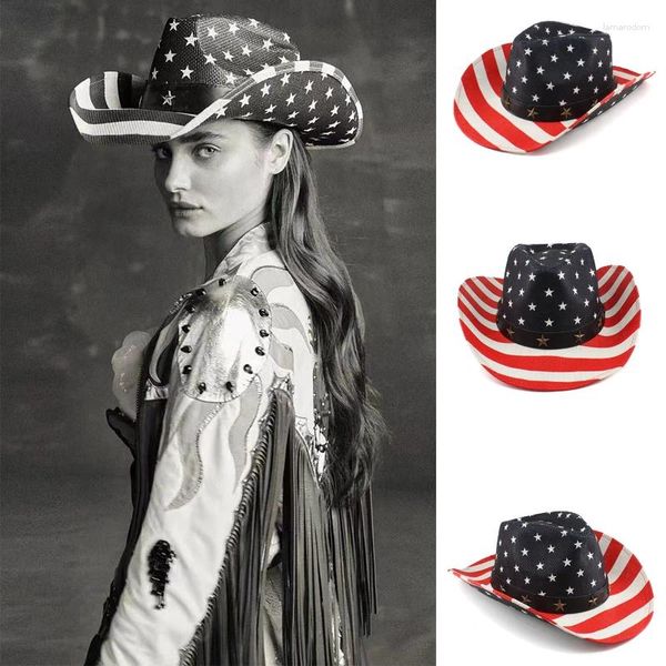 Bérets Hommes Femmes Paille Western Cowboy Chapeaux Large Bord Sunhat USA Drapeau National Modèle Été Sombrero Voyage Sunbonnet Extérieur Taille L