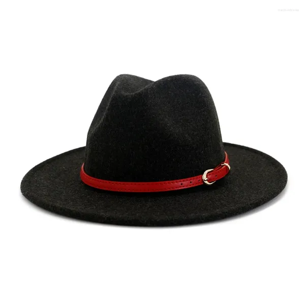 Boinas Hombres Mujeres Lana Cinturón rojo Ala ancha Fieltro Jazz Fedora Sombreros Estilo británico Trilby Fiesta Formal Panamá Gorra Vestido Sombrero al por mayor